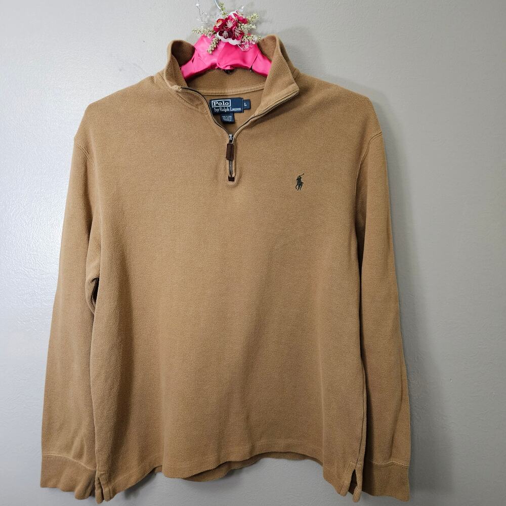 Y2K Polo Ralph Lauren Men L Camel Cotton Quarter Zip Sweater Preppy Old$ Classic